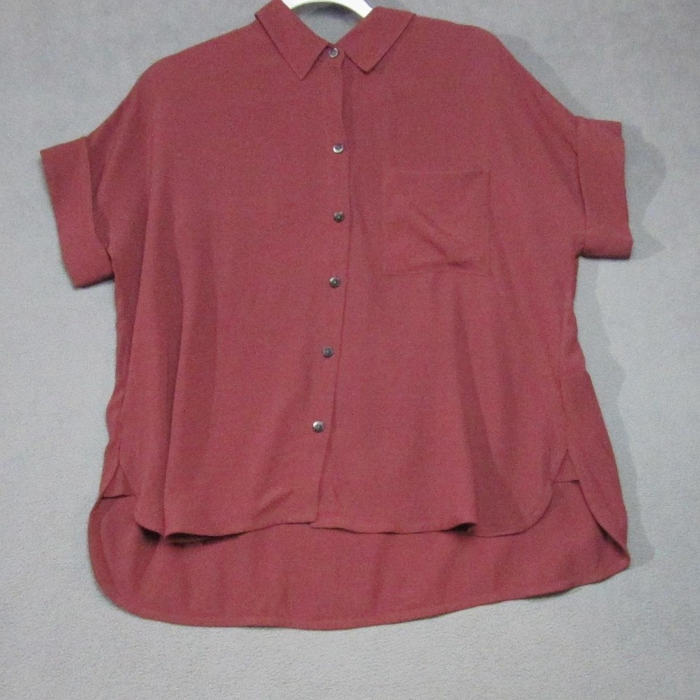 Madewell Top Womens Small Red Viscose Short Sleeve Button Up High Low Tunic